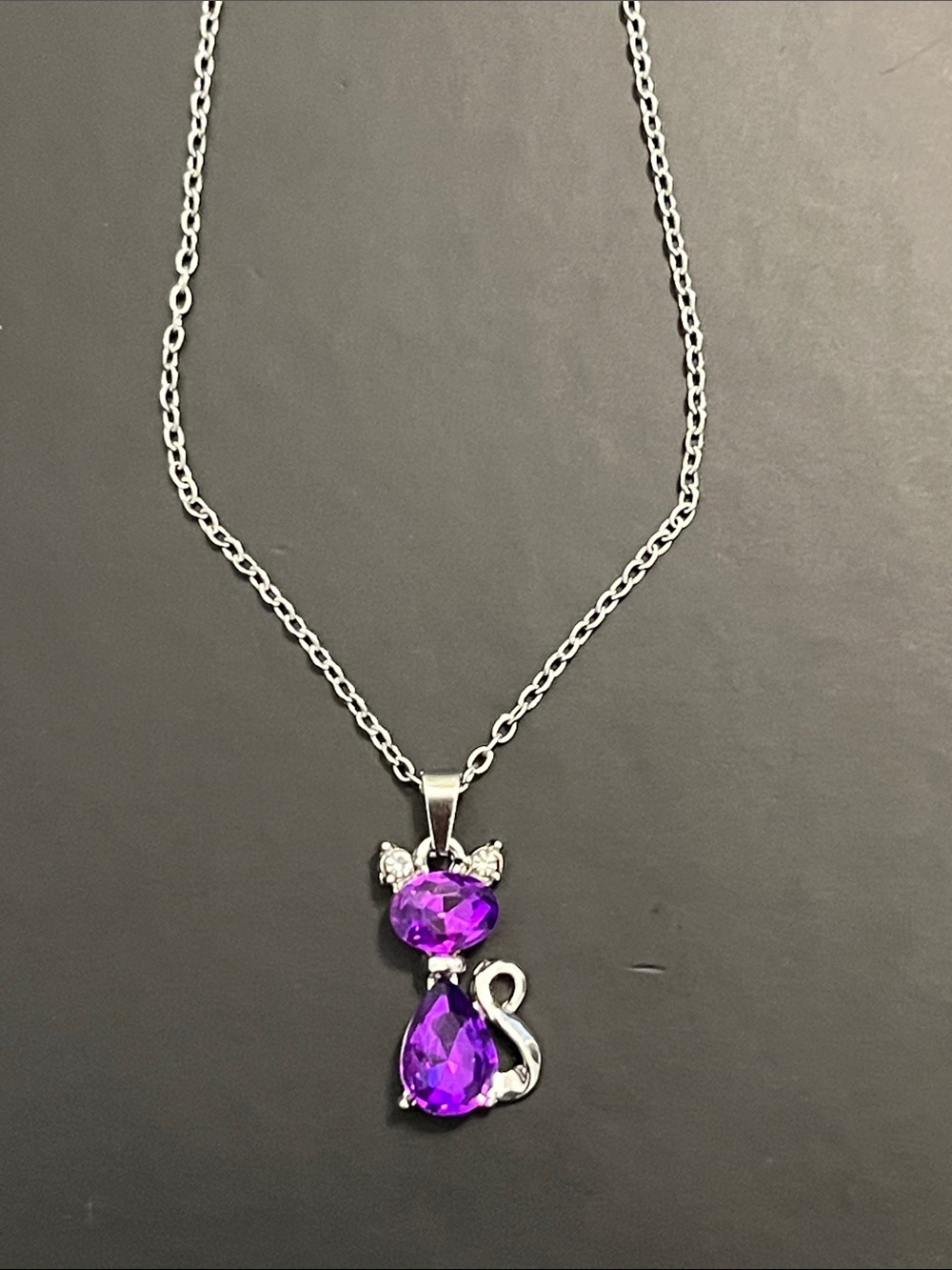 Silver Tone Cat Pendant Necklace with Purple Gemstones - Cat Jewelry